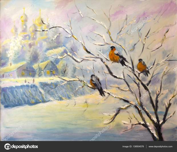 Oil painting of birds on a tree in winter village on canvas. Modern Impressionism Art