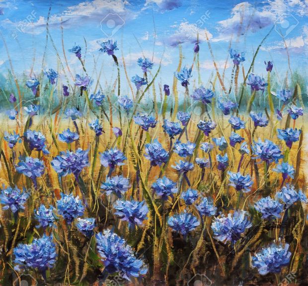 flower-field-fleurs-bleues-dans-le-pré-ciel-bleu-peinture-à-l-huile-