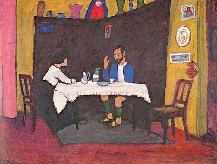 Desde el otro lado del cuadro: Gabriele Münter - Kandinsky y Erma Bossi  sentados a la mesa